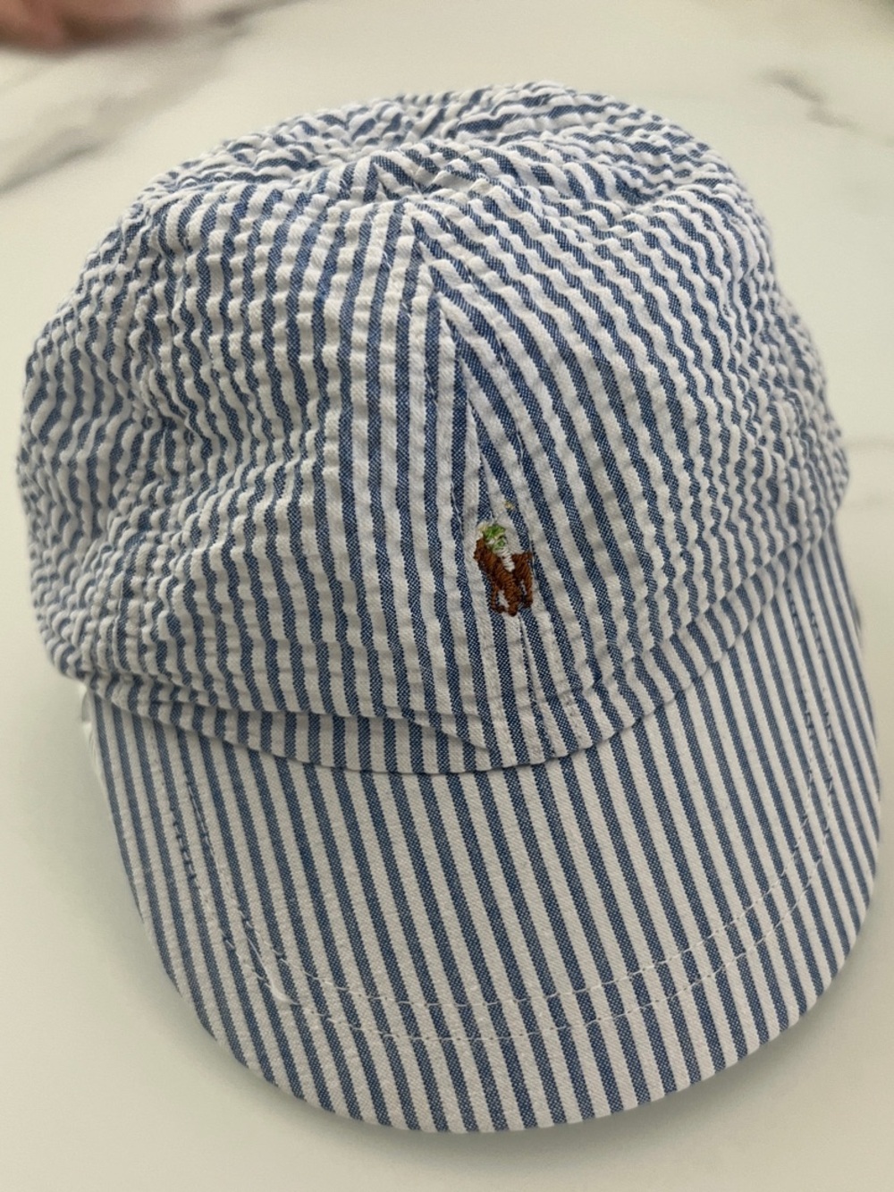 Ralph Lauren Blue & White Striped Seersucker baby cap hat with Polo Logo